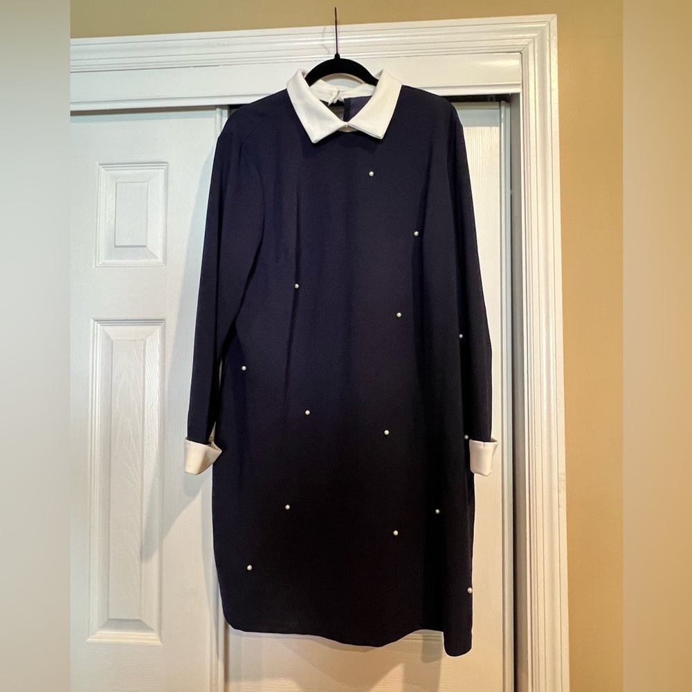 Blue preppy style dress with Pearl accents